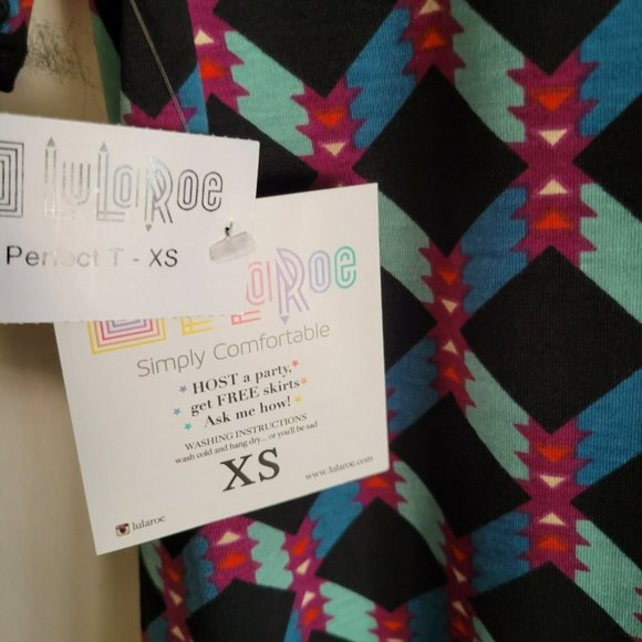 LuLaRoe Perfect T Shirt Short Sleeve NWT Size XS Black Purple Blue Geometric NEW - Picture 6 of 6